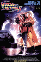 Back to the Future Part II poster with Marty and Doc before a DeLorean amid purple lightning and bold title text.