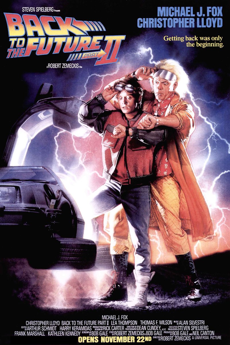 Back to the Future Part II poster with Marty and Doc before a DeLorean amid purple lightning and bold title text.