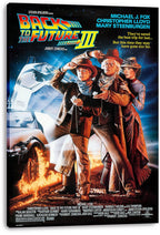 Back to the Future Part III canvas wall art print featuring Western-clad characters beside a DeLorean and flaming railroad tracks.