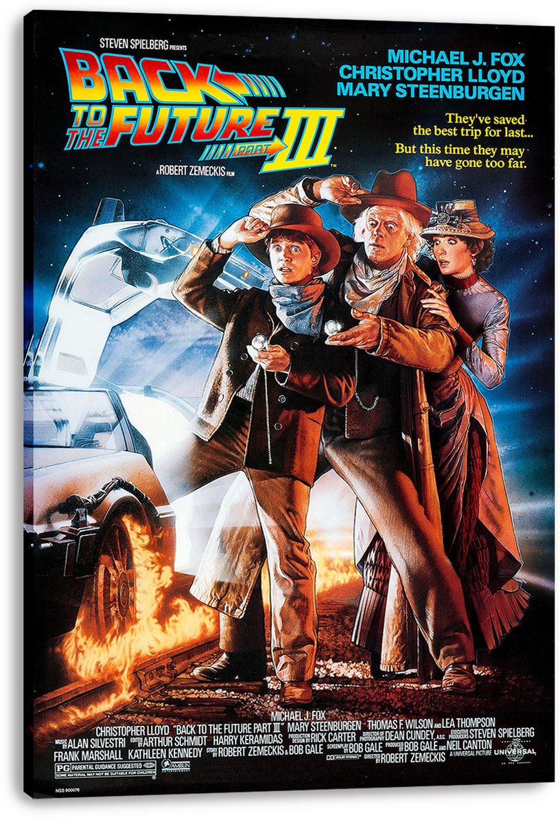 Back to the Future Part III canvas wall art print featuring Western-clad characters beside a DeLorean and flaming railroad tracks.