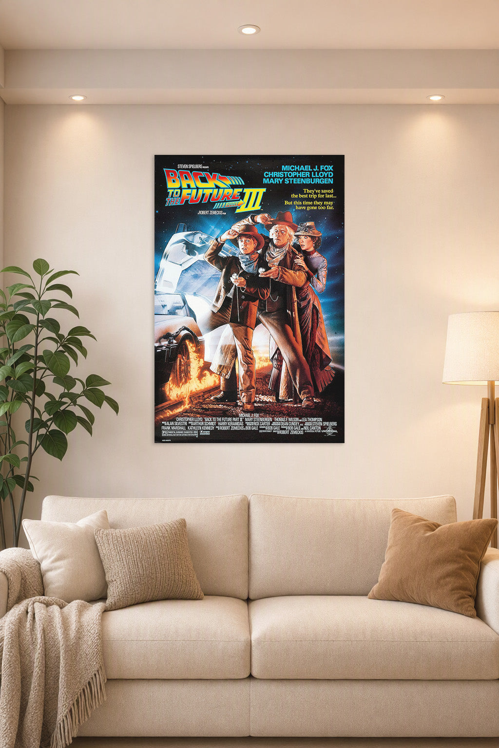 Back to the Future Part III Movie Poster in a bright living room above a beige sofa.