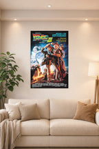 Back to the Future Part III Movie Poster in a bright living room above a beige sofa.