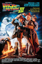 Back to the Future Part III poster with three Western-clad characters, a DeLorean, fiery railroad tracks, and starry blue sky.