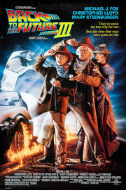 Back to the Future Part III poster with three Western-clad characters, a DeLorean, fiery railroad tracks, and starry blue sky.