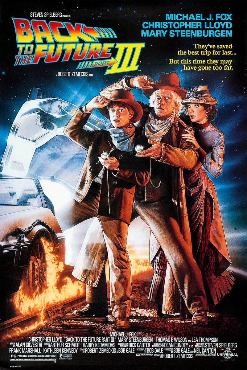 Back to the Future Part III poster with three Western-clad characters, a DeLorean, fiery railroad tracks, and starry blue sky.