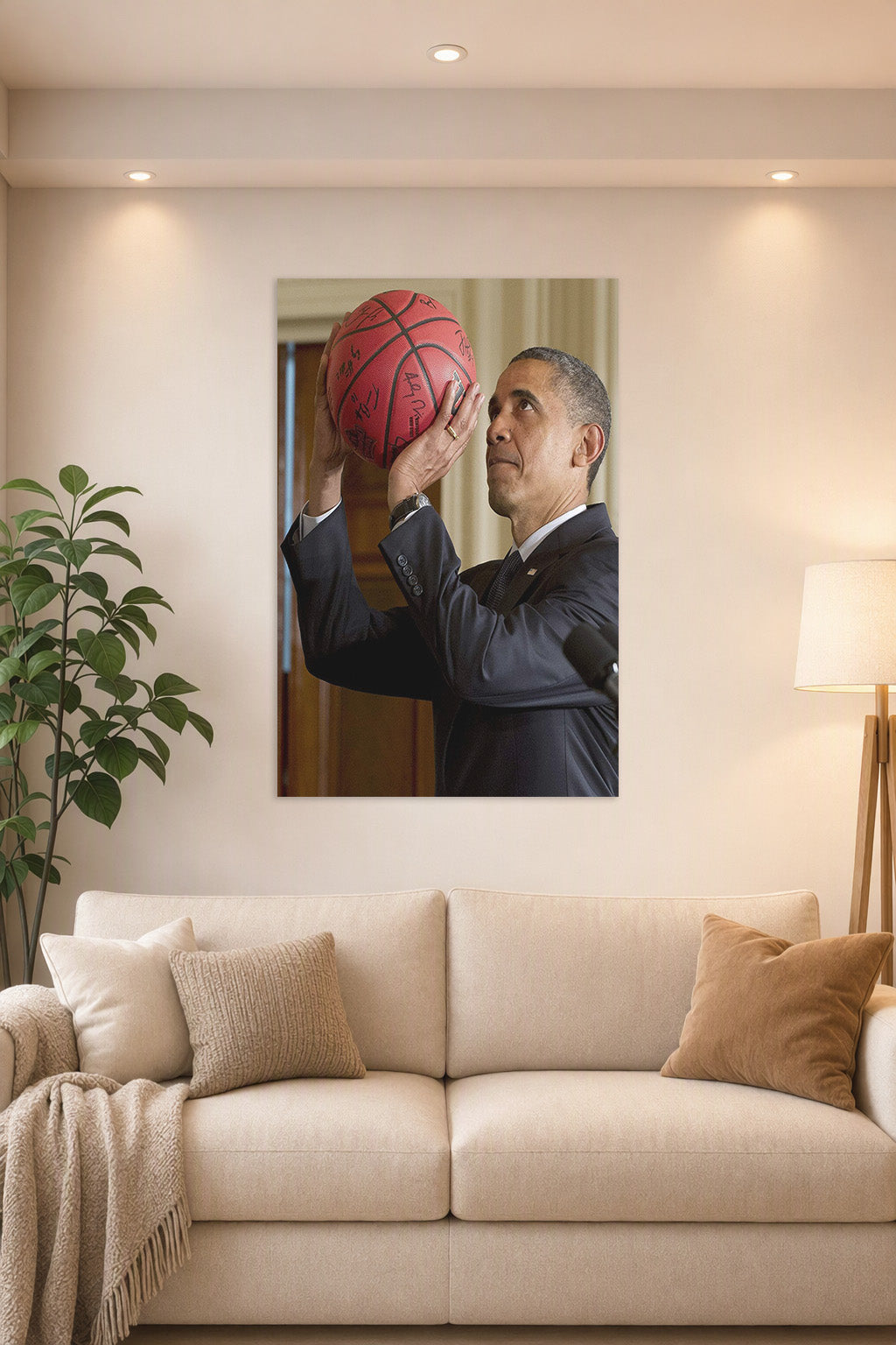 Barack Obama Basketball in a bright living room above a beige sofa.