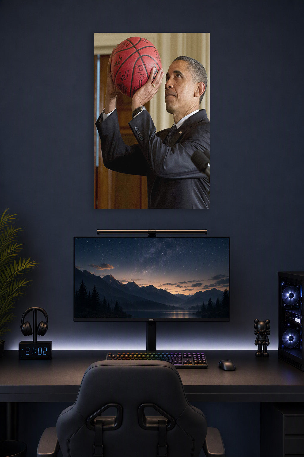 Barack Obama Basketball in a gaming desk setup above a monitor.