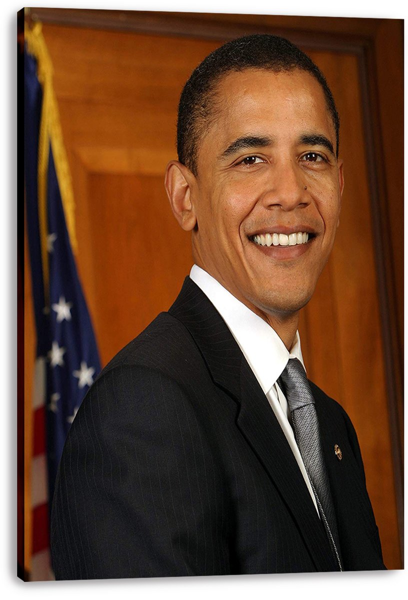 Barack Obama canvas wall art print displaying a smiling portrait in a dark suit, with a U.S. flag and wood-paneled backdrop.