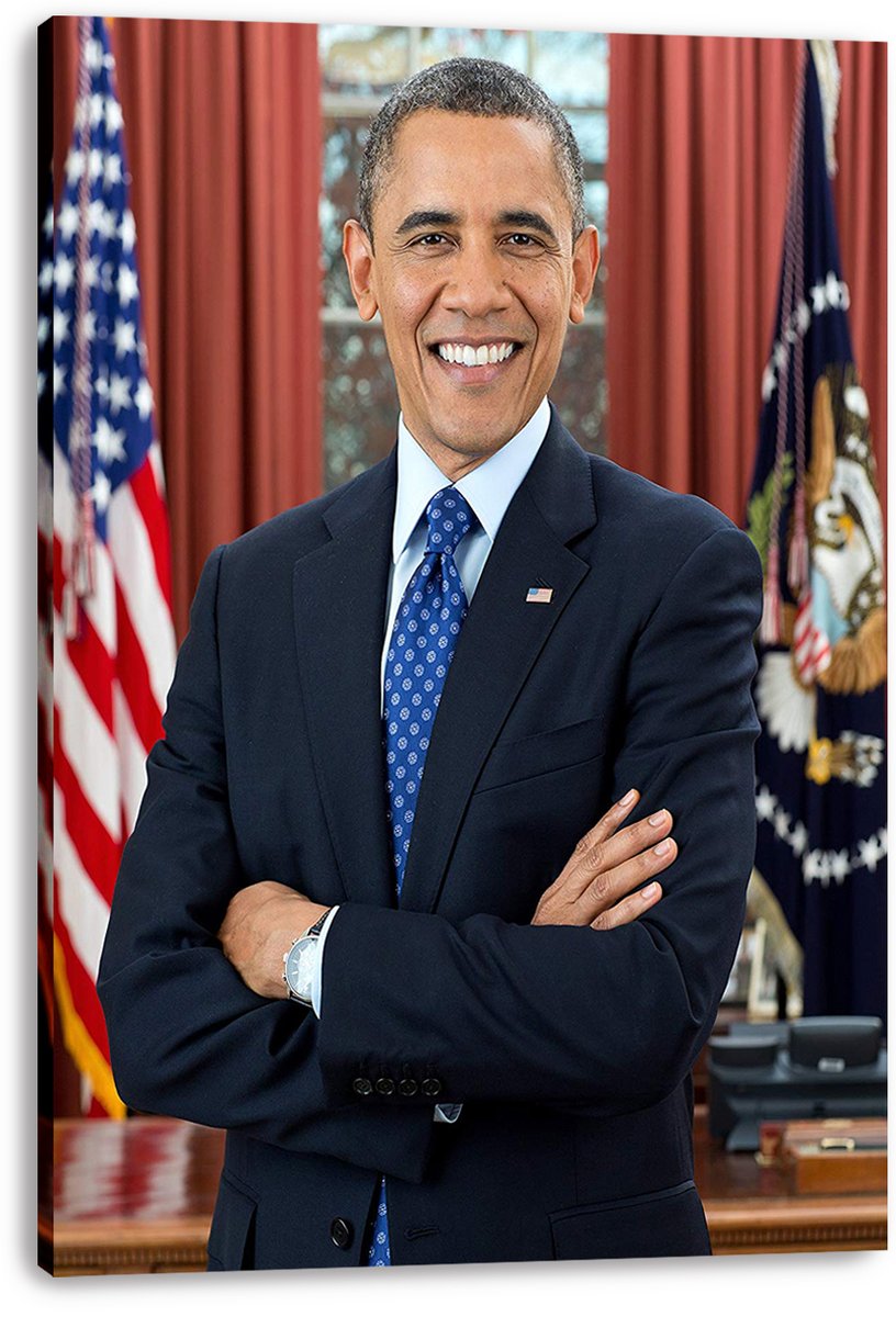 Barack Obama canvas wall art print presents a smiling arms-crossed portrait in a navy suit with flags and red drapes.