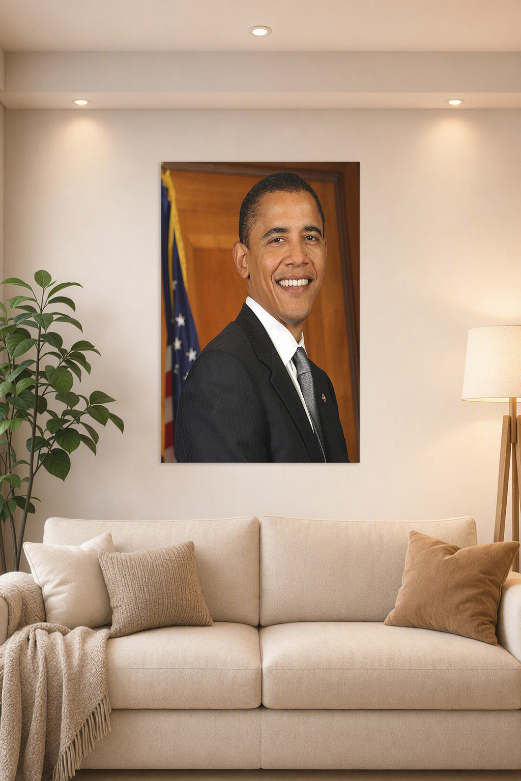 Barack Obama in a bright living room above a beige sofa.