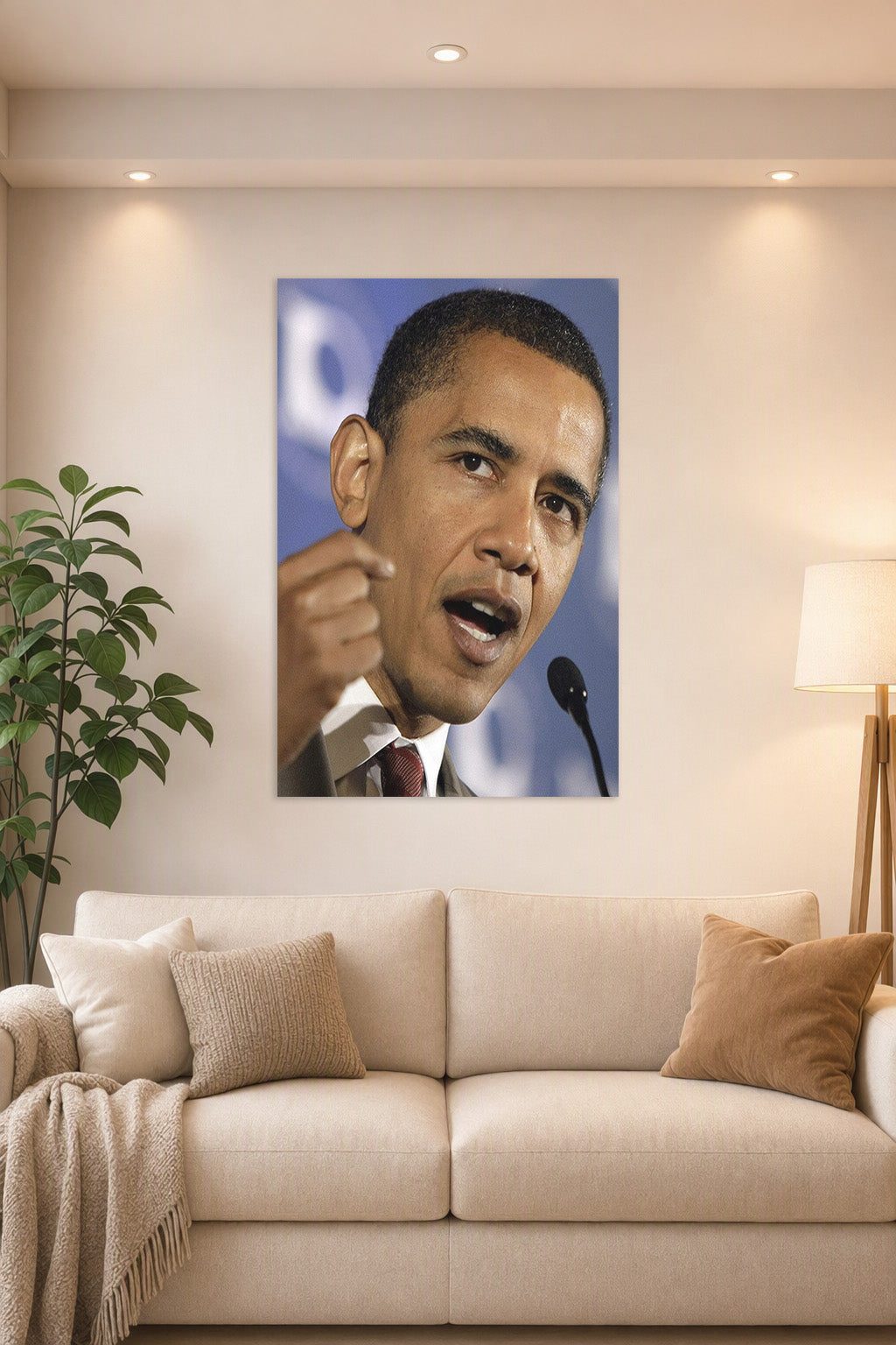 Barack Obama in a bright living room above a beige sofa.