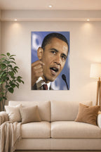 Barack Obama in a bright living room above a beige sofa.