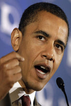 Barack Obama wall art print captures him speaking with a raised fist beside a microphone against a blue background.