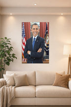 Barack Obama in a bright living room above a beige sofa.