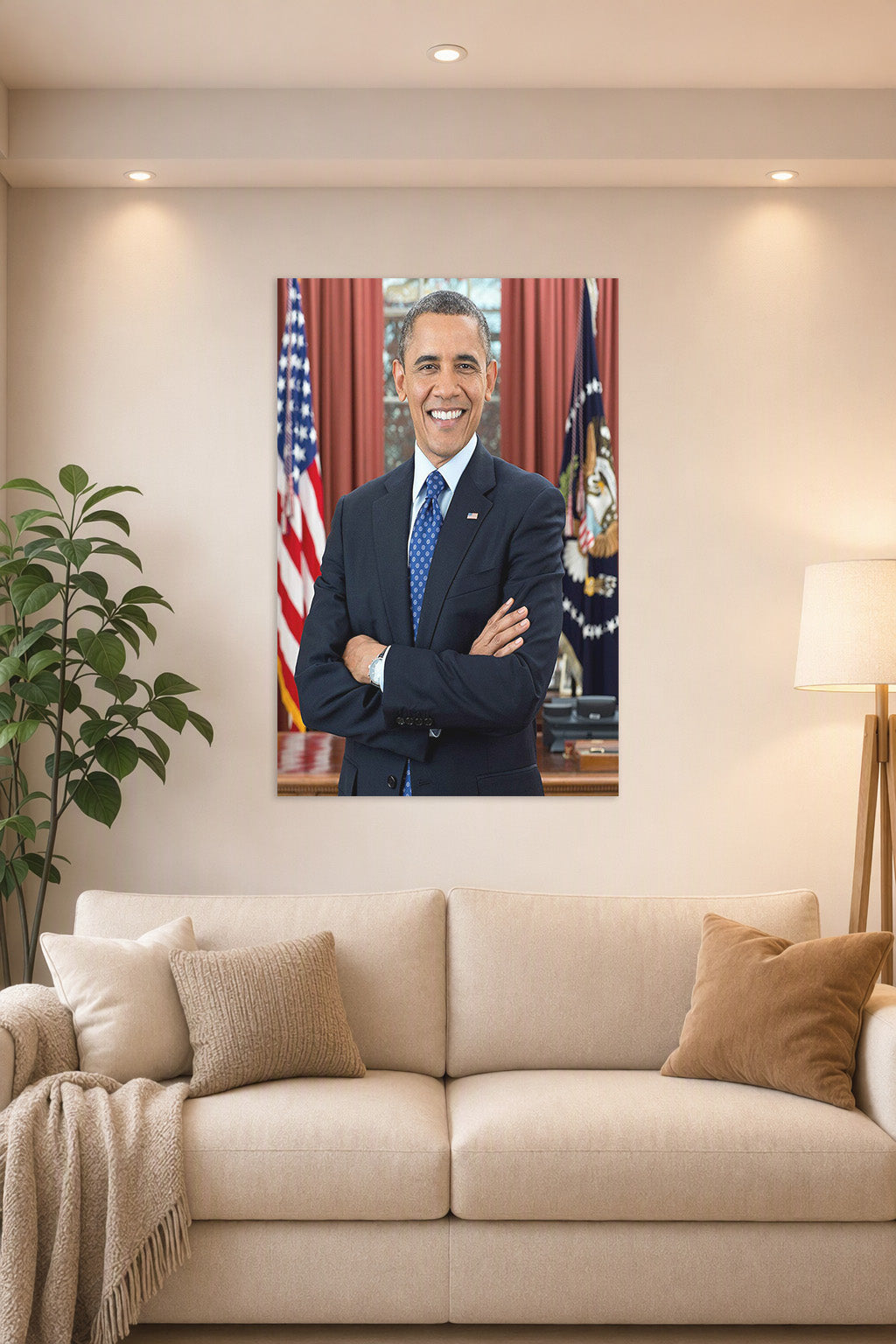 Barack Obama in a bright living room above a beige sofa.