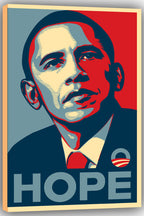 Barack Obama canvas wall art print featuring a red, navy, cream, and gray portrait with HOPE lettering and a striped circular emblem.