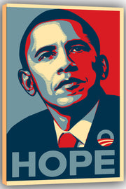 Barack Obama canvas wall art print featuring a red, navy, cream, and gray portrait with HOPE lettering and a striped circular emblem.