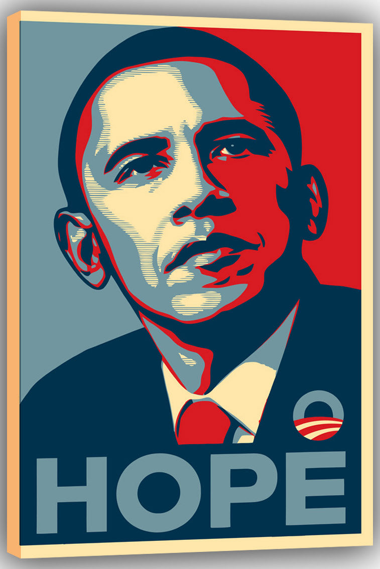 Barack Obama canvas wall art print featuring a red, navy, cream, and gray portrait with HOPE lettering and a striped circular emblem.