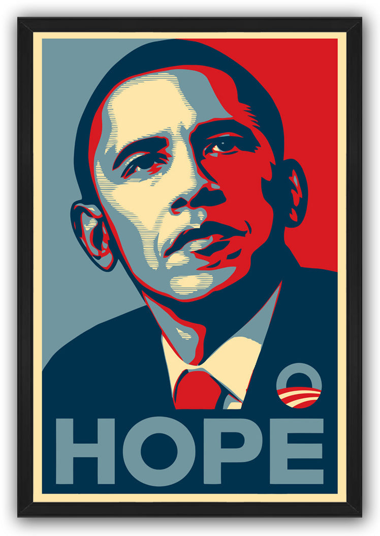Barack Obama framed wall art print with a bold red, navy, cream, and gray portrait, circular emblem, and HOPE text.
