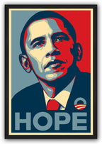 Barack Obama framed wall art print with a bold red, navy, cream, and gray portrait, circular emblem, and HOPE text.