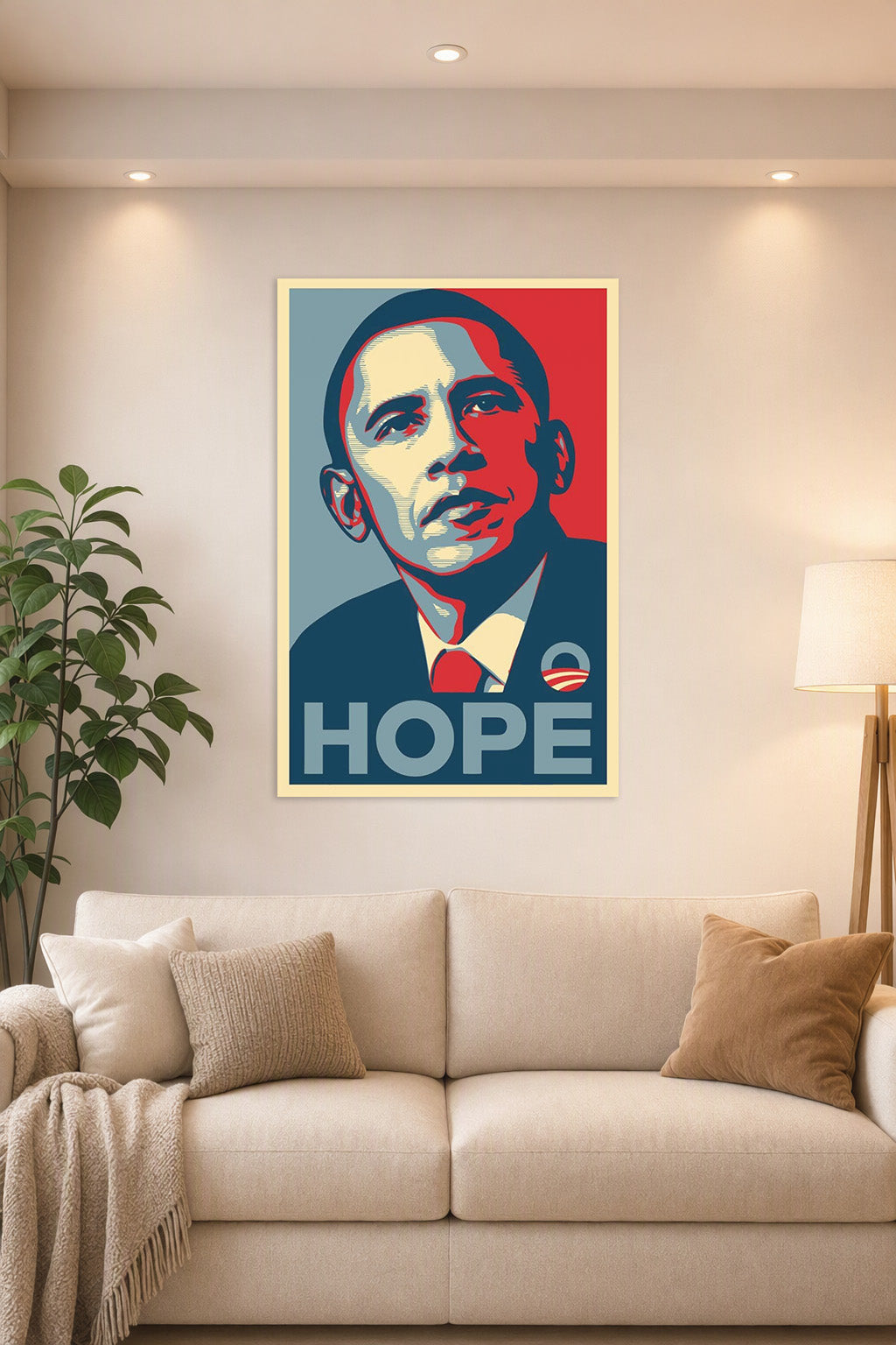 Barack Obama in a bright living room above a beige sofa.