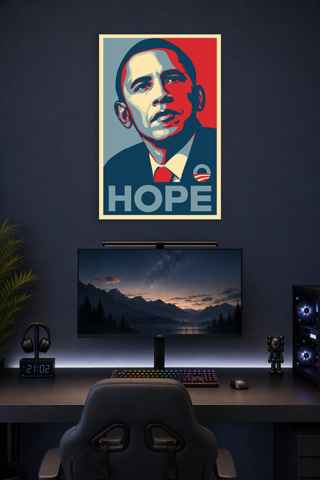 Barack Obama in a gaming desk setup above a monitor.