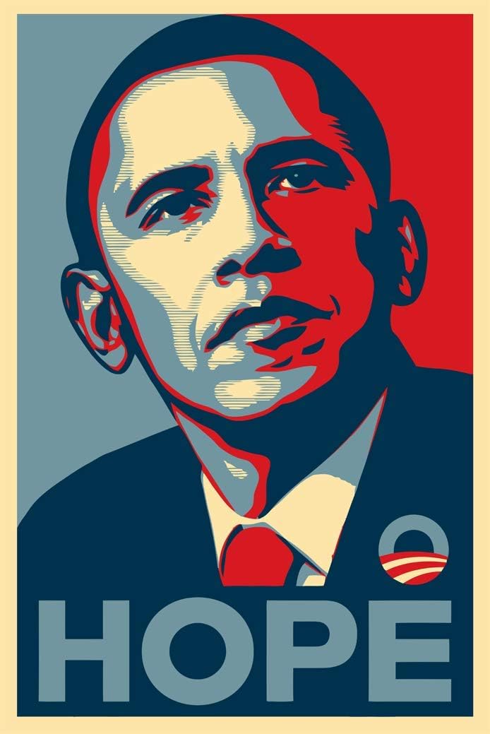Barack Obama poster with a stylized red, navy, cream, and gray portrait, campaign-style emblem, and large HOPE text.