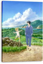 Barakamon anime canvas wall art print featuring a man and child amid green terraced fields, sea, mountains, and clouds.