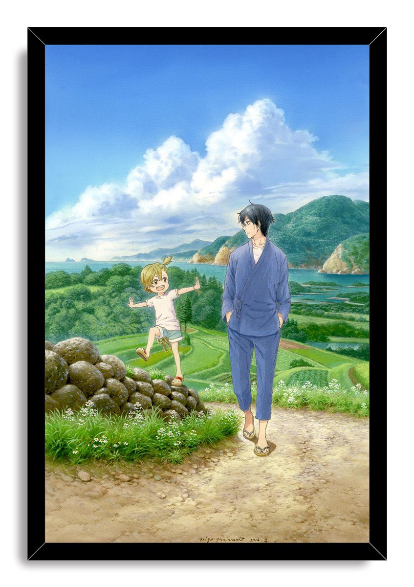 Barakamon anime framed wall art print of a blue-clad man and smiling child walking through a sunlit rural seaside landscape.