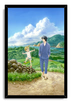 Barakamon anime framed wall art print of a blue-clad man and smiling child walking through a sunlit rural seaside landscape.