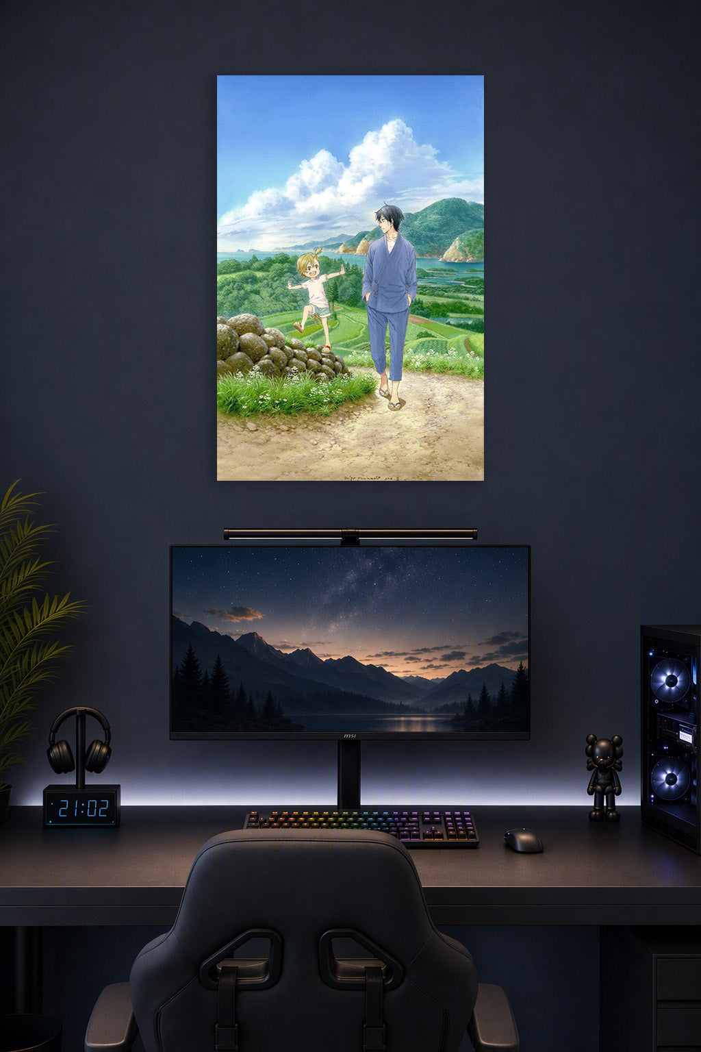Barakamon Anime Characters in a gaming desk setup above a monitor.
