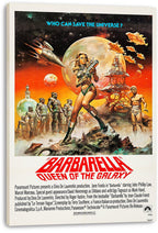 Barbarella canvas wall art print displayed with wrapped edges, featuring a ray-gun heroine, rockets, planets, and orange alien craft.