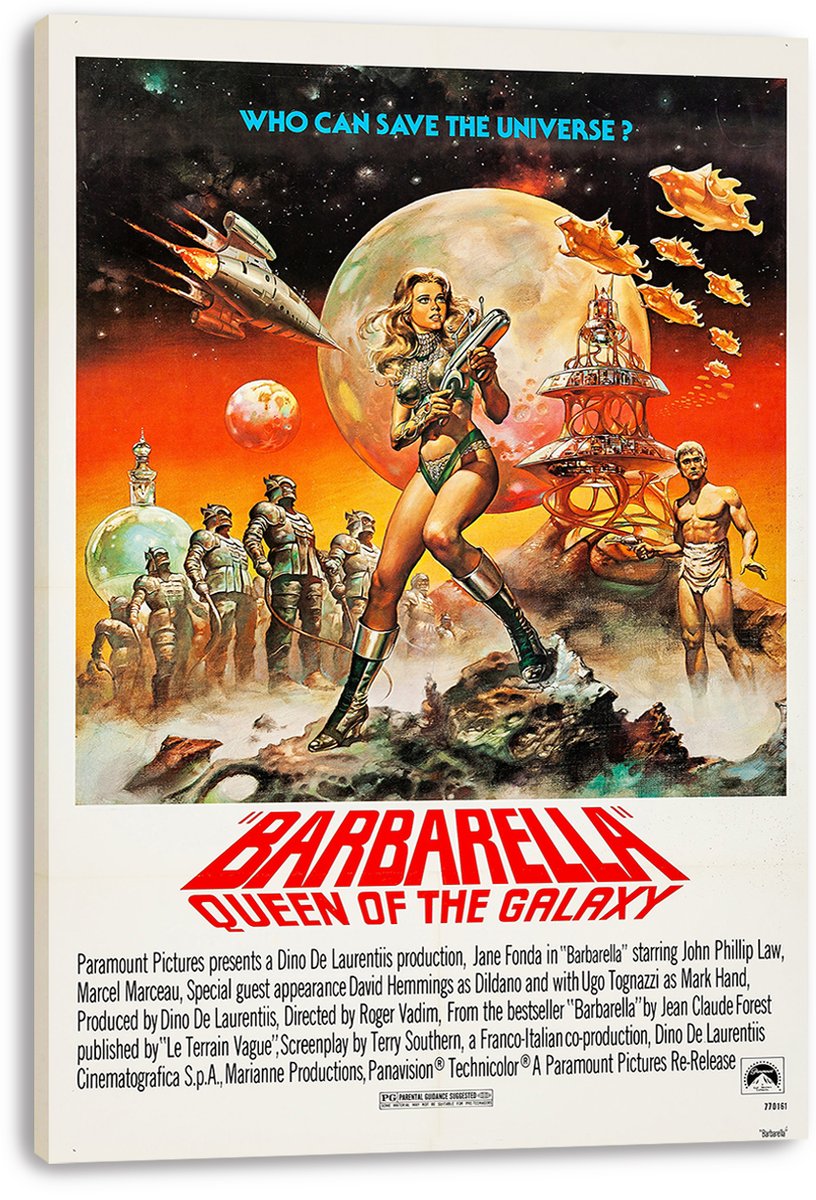 Barbarella canvas wall art print displayed with wrapped edges, featuring a ray-gun heroine, rockets, planets, and orange alien craft.