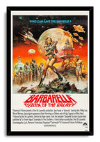 Barbarella framed wall art print in a black frame, with a sci-fi heroine, rocket ship, glowing planet, and red title text.