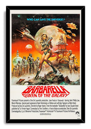 Barbarella framed wall art print in a black frame, with a sci-fi heroine, rocket ship, glowing planet, and red title text.
