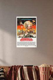Barbarella Queen of the Galaxy Movie Poster in a cozy movie room above a brown sofa with popcorn.