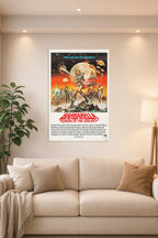 Barbarella Queen of the Galaxy Movie Poster in a bright living room above a beige sofa.