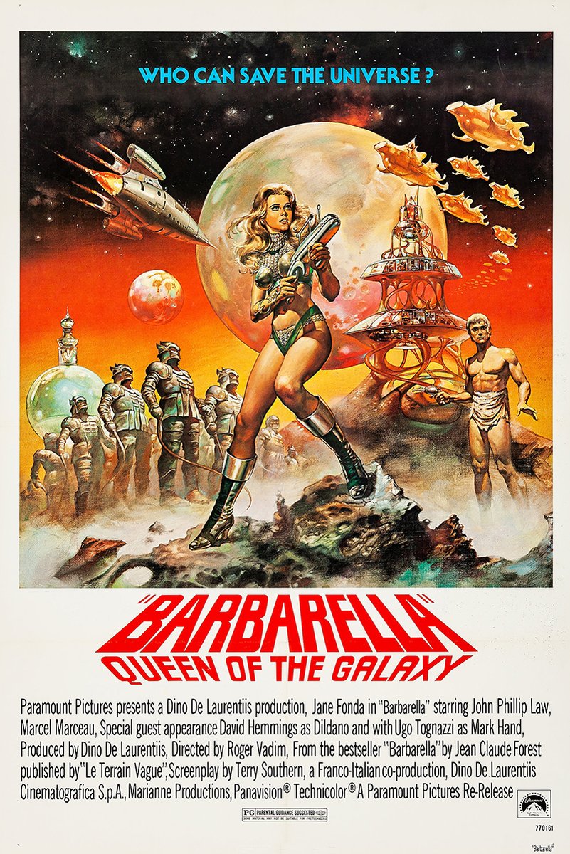Barbarella movie poster wall art print with a blonde heroine holding a ray gun amid planets, spaceships, and alien figures.