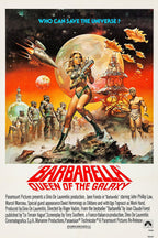 Barbarella movie poster wall art print with a blonde heroine holding a ray gun amid planets, spaceships, and alien figures.