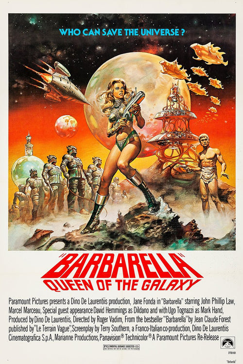 Barbarella movie poster wall art print with a blonde heroine holding a ray gun amid planets, spaceships, and alien figures.