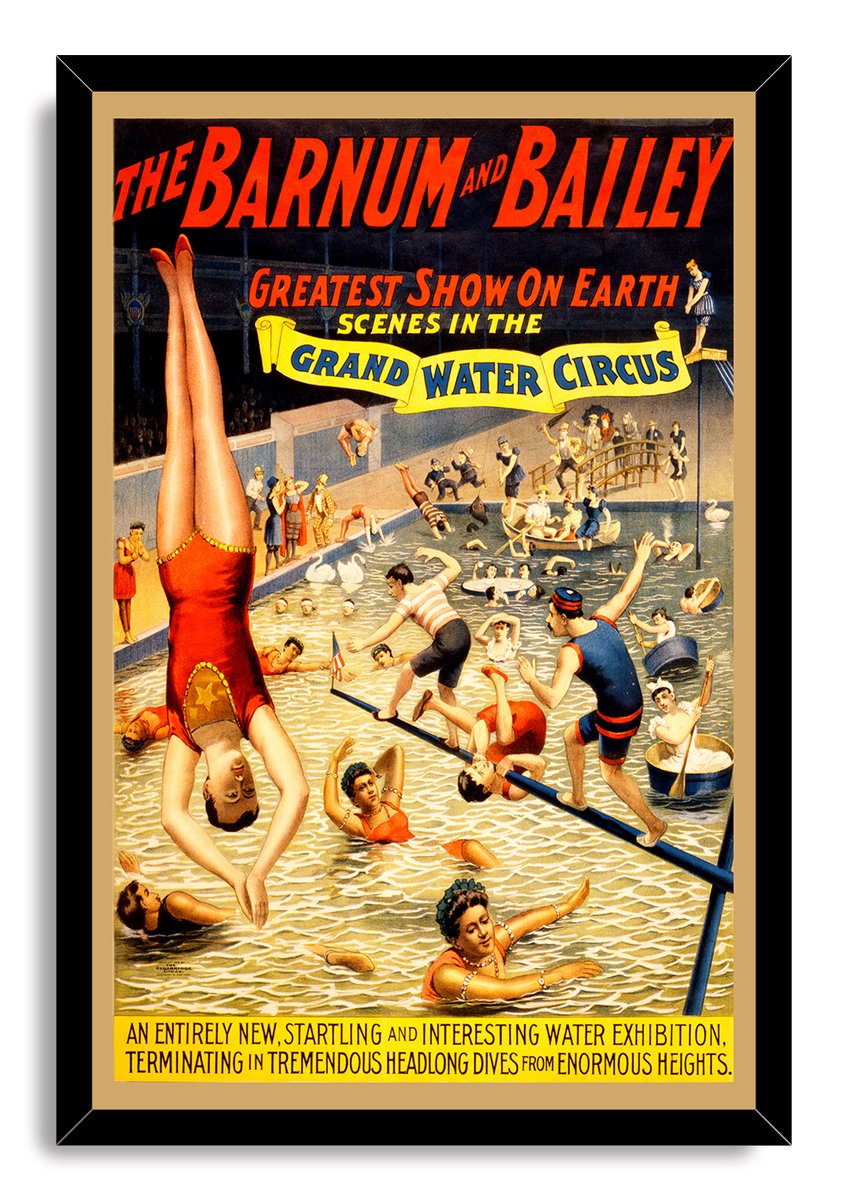 Barnum & Bailey Grand Water Circus framed wall art print depicts acrobatic swimmers and divers beneath bold red circus lettering.