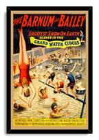 Barnum & Bailey Grand Water Circus framed wall art print depicts acrobatic swimmers and divers beneath bold red circus lettering.