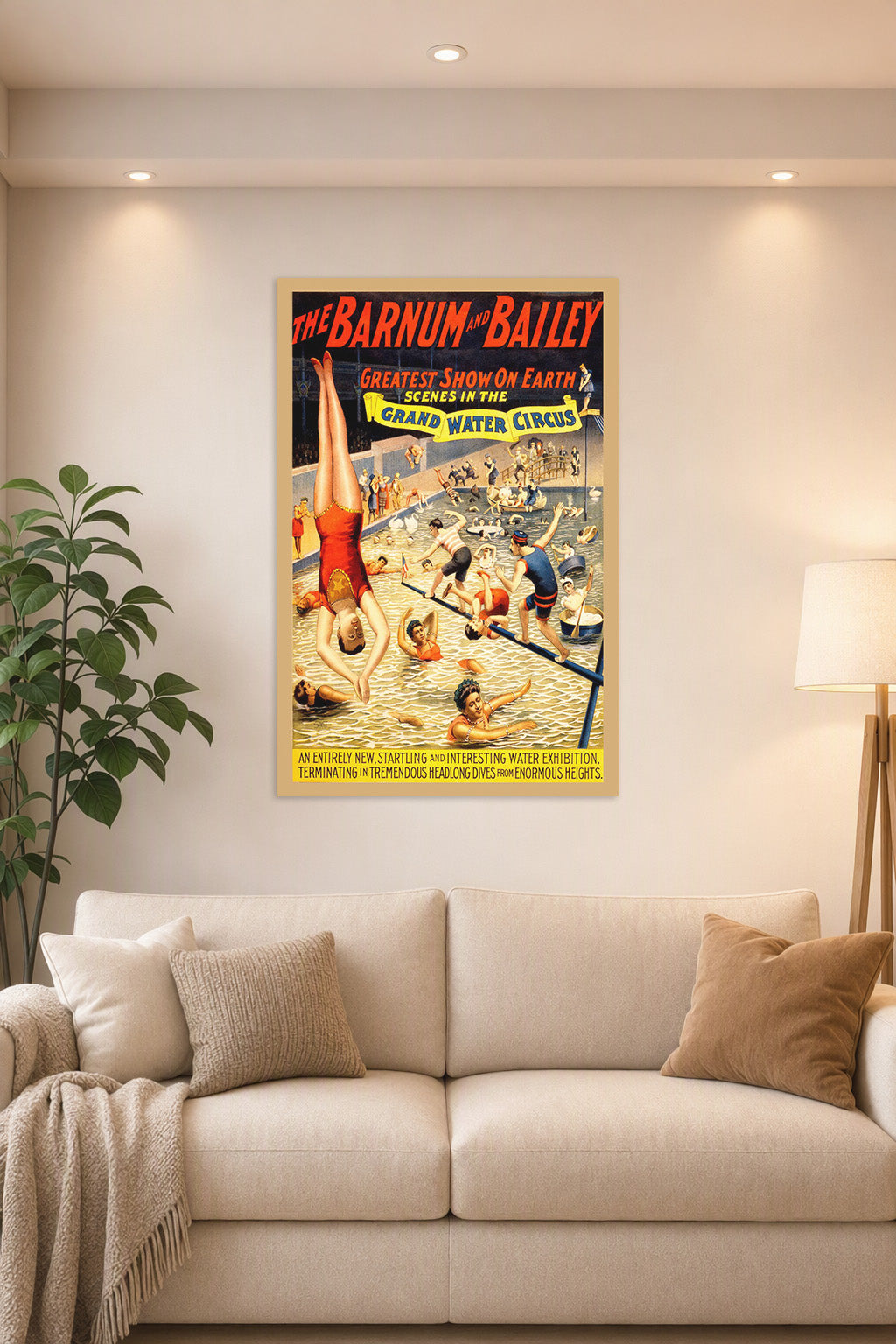 Barnum & Bailey Grand Water Circus in a bright living room above a beige sofa.