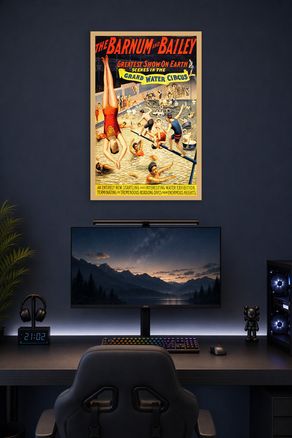 Barnum & Bailey Grand Water Circus in a gaming desk setup above a monitor.