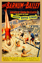 Barnum & Bailey Grand Water Circus poster features swimmers, divers, a red-suited acrobat, boats, and bold red lettering.