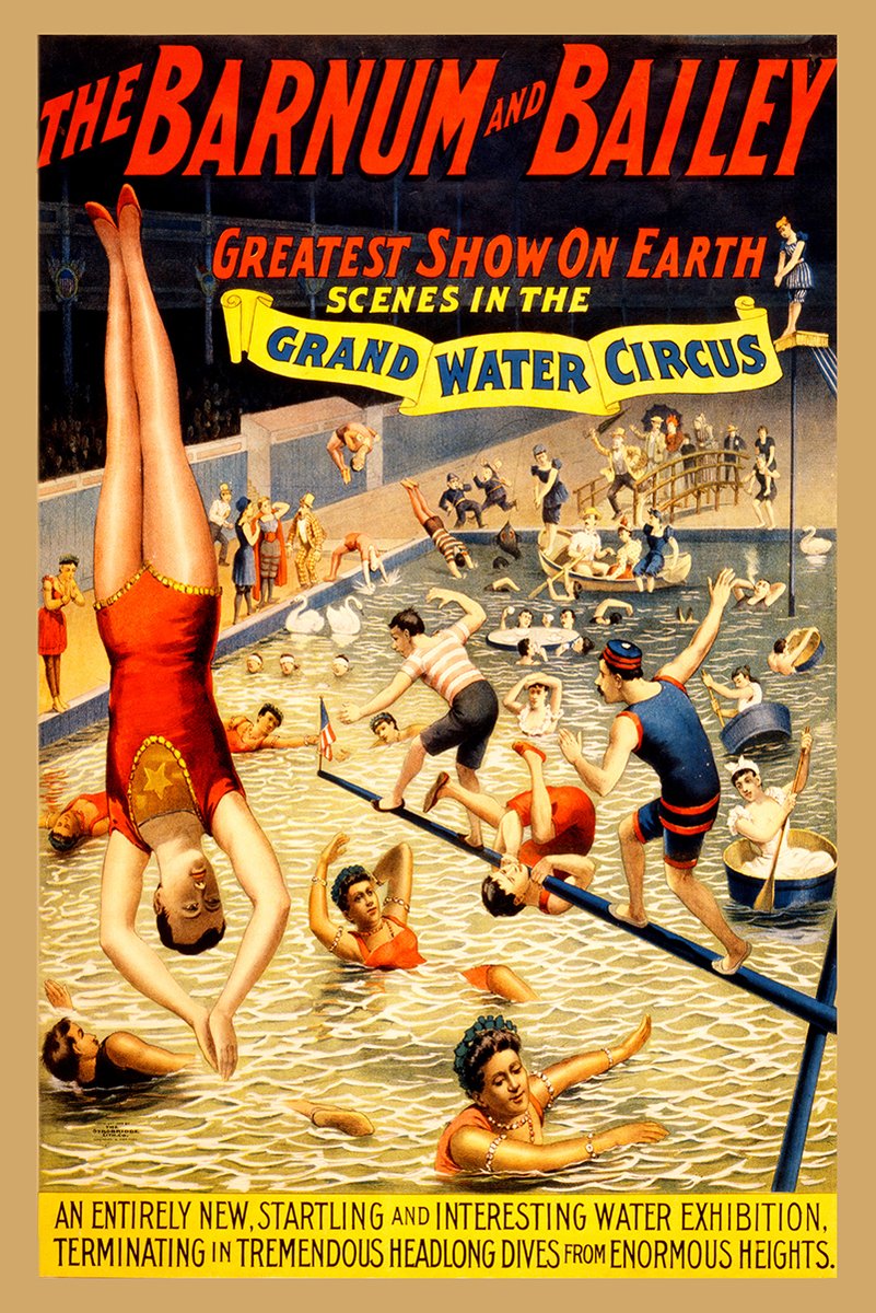 Barnum & Bailey Grand Water Circus poster features swimmers, divers, a red-suited acrobat, boats, and bold red lettering.