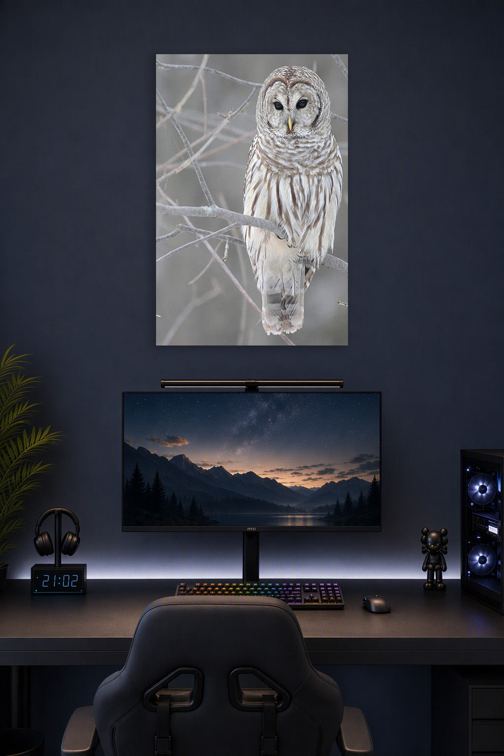 Barred Owl in a gaming desk setup above a monitor.