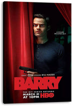 Barry canvas wall art print depicts Bill Hader beside deep red curtains holding a handgun, with the red Barry title and white text.