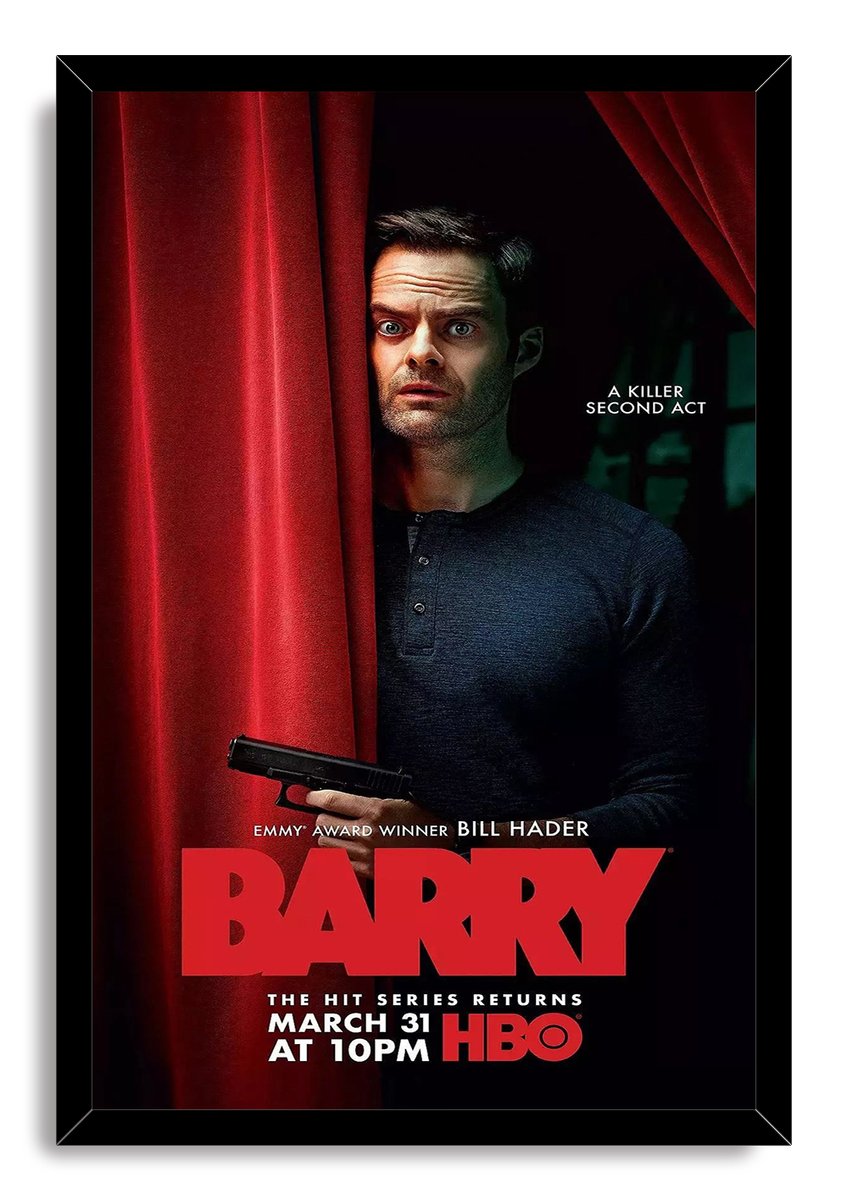Barry framed wall art print portrays Bill Hader holding a handgun behind crimson theater curtains, surrounded by a black frame.