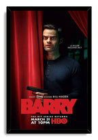 Barry framed wall art print portrays Bill Hader holding a handgun behind crimson theater curtains, surrounded by a black frame.